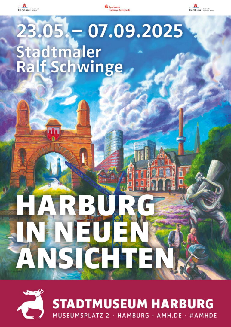 Das Ausstellungsplakat, Stadtmaler Ralf Schwinge: Harburg in neuen Ansichten. Copyright: Stadtmuseum Harburg.