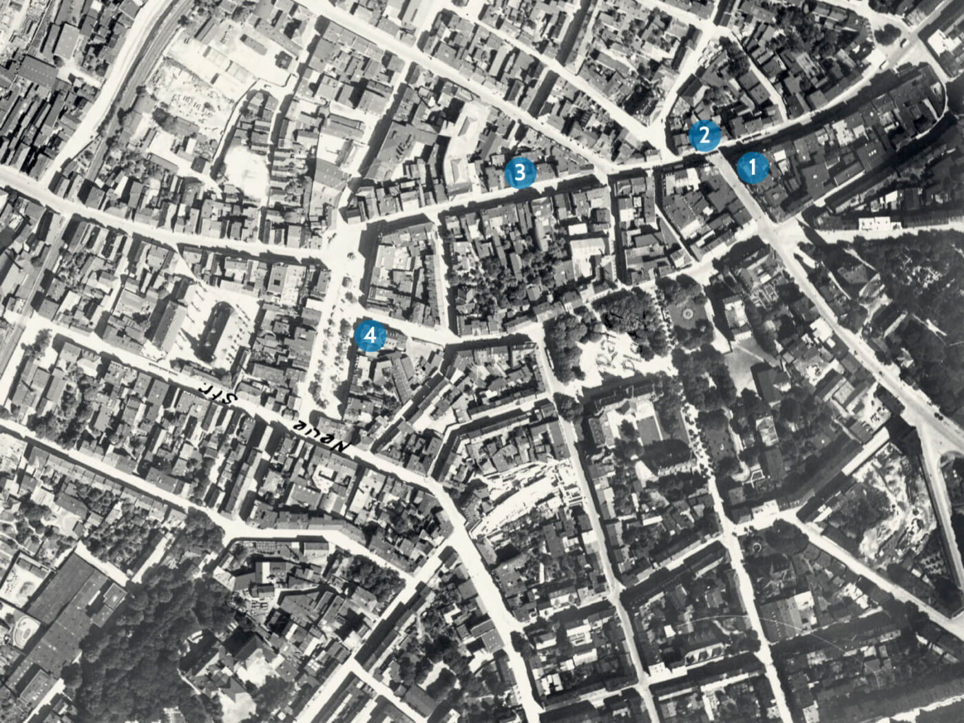 Luftbild der Harburger Innenstadt 1929 mit Markierungen auf den von Sarne erwähnten Orten