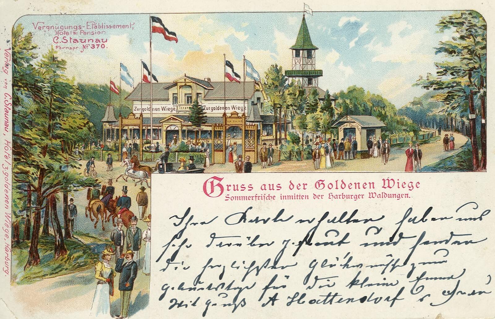 gezeichnete Postkarte der Goldenen Wiege mit Gebäude, Gartenterrasse, Bierbude und vielen Ausflüglern