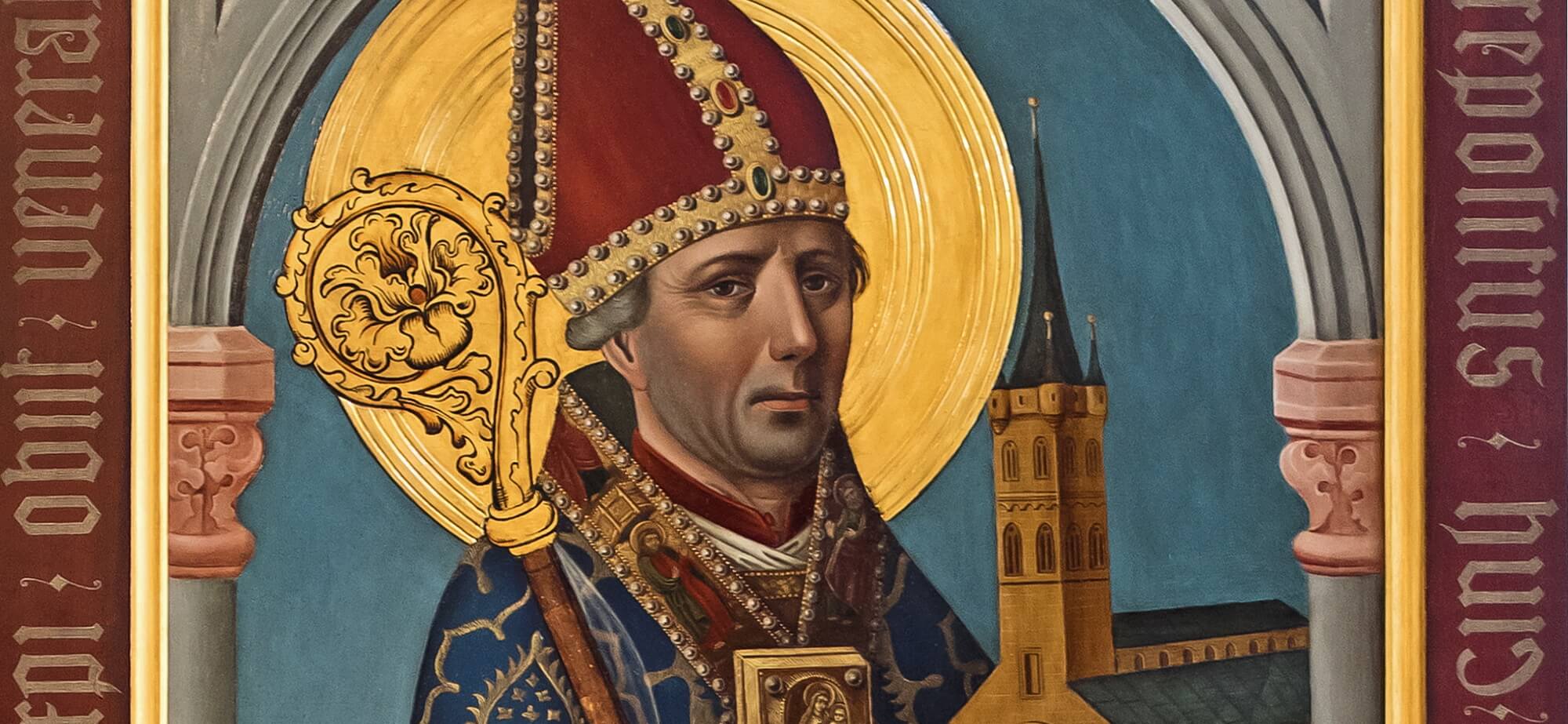 Ausschnitt eines Tafelgemäldes des Heiligen Ansgars mit Insignien der Bischofswürde und einem Modell der Domkirche in den Händen