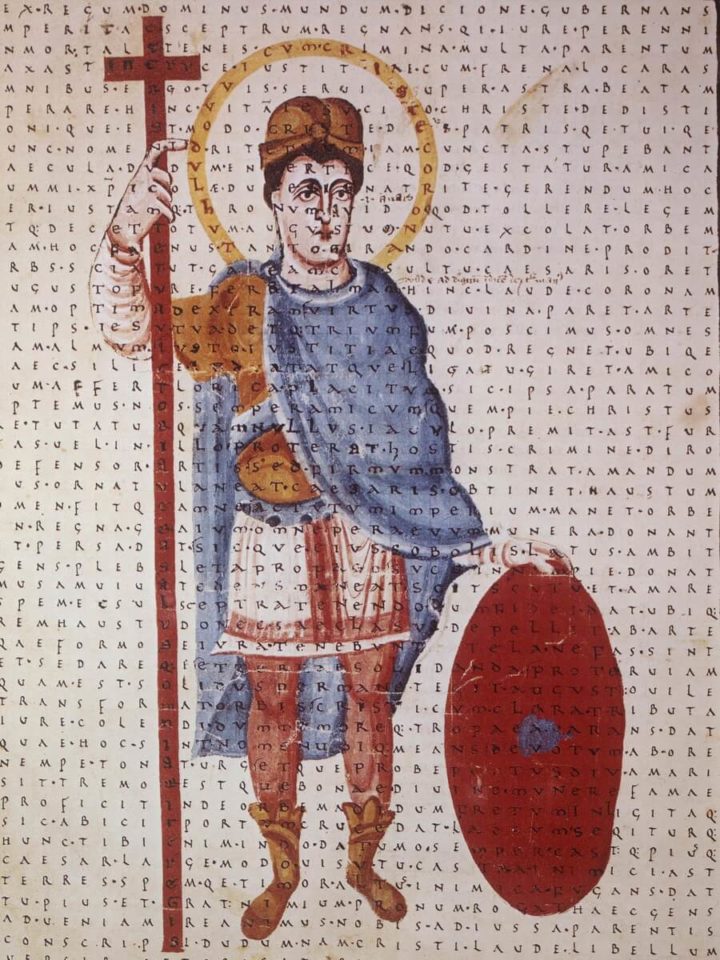 Illustration von Ludwig dem Frommen als Soldat Christi mit Heiligenschein, Schild und langem Kreuz