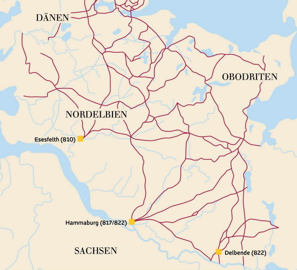 Karte Nordelbiens im 9. Jh. mit historischem Wegenetz und den fränkischen Burgen Esefelth, Hammaburg und Delbende