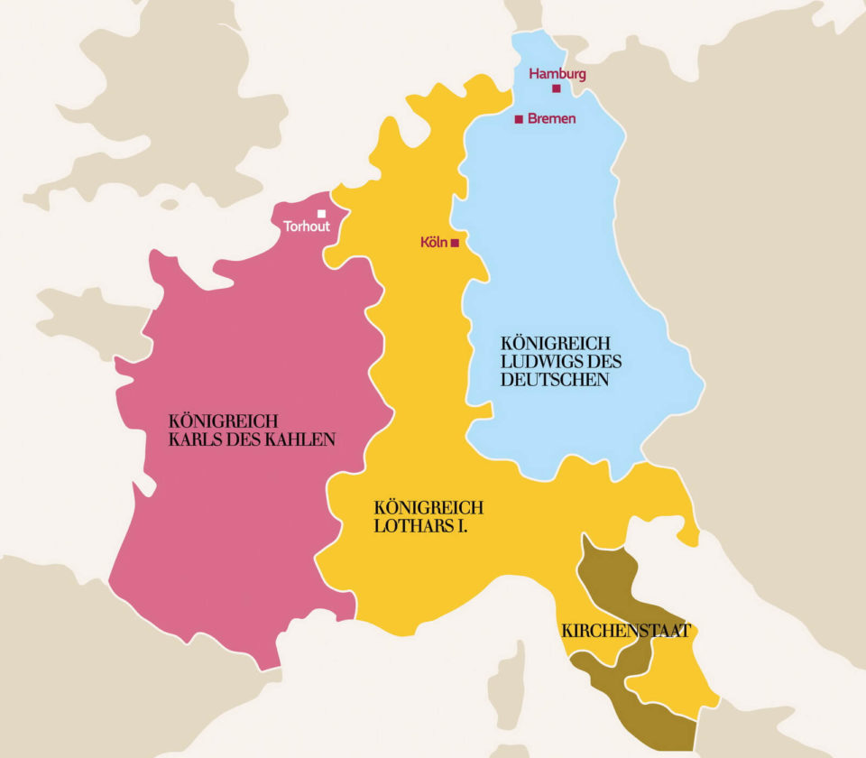 Karte der Aufteilung des Frankenreichs 843 in die drei Königreiche von Karl dem Kahlen, Lothars dem I. und Ludwig dem Deutschen sowie einem Kirchenstaat