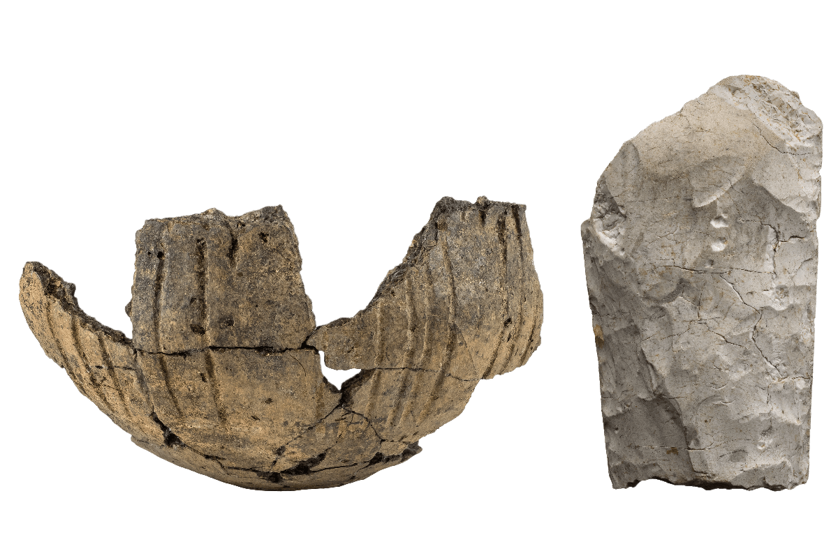 zusammengesetzte Scherben eines Tongefäßes (Trichterbecher) sowie Steinbeil aus der Jungsteinzeit