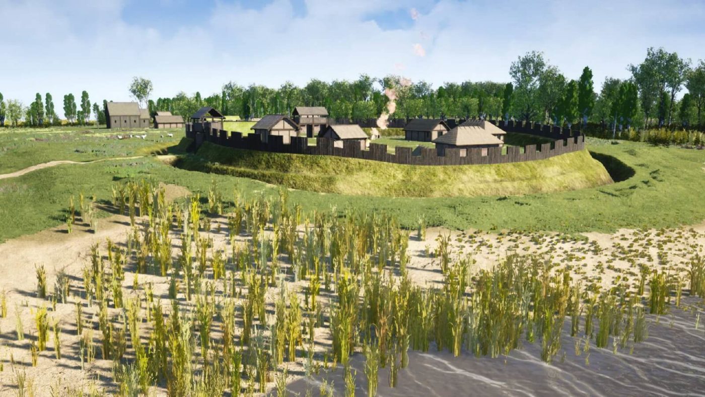digitale Rekonstruktion der Hammaburg vor 845, die Wehranlage besteht aus einer Holz-Erdwall-Konstruktion mit hölzernen Palisaden, vereinzelte Wohn- und Wirtschaftsgebäude umgeben sie