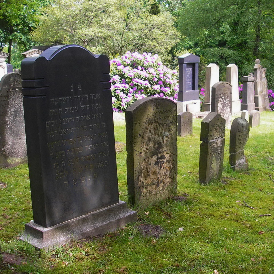 Grabsteine mit hebräischer Schrift auf einer Friedhofswiese