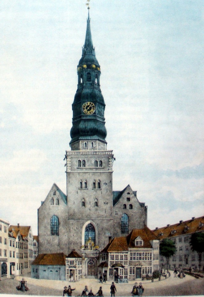 St. Nikolai vor dem Großen Brand 1842, kolorierte Lithografie um 1835 von Peter Suhr (1788-1857)