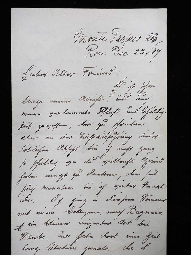 Der Brief an Bokelmann beginnt mit den Worten „Lieber Alter Freund“. Er wurde kurz vor Weihnachten 1889 in Rom auf dem „Monte Tarpeo“, also dem Kapitol, geschrieben.