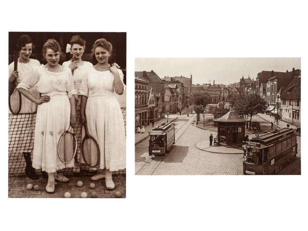 Auswahl des Postkarten-Sets Harburg historisch mit den zwei Motiven Tennisspielerinnen und Sand