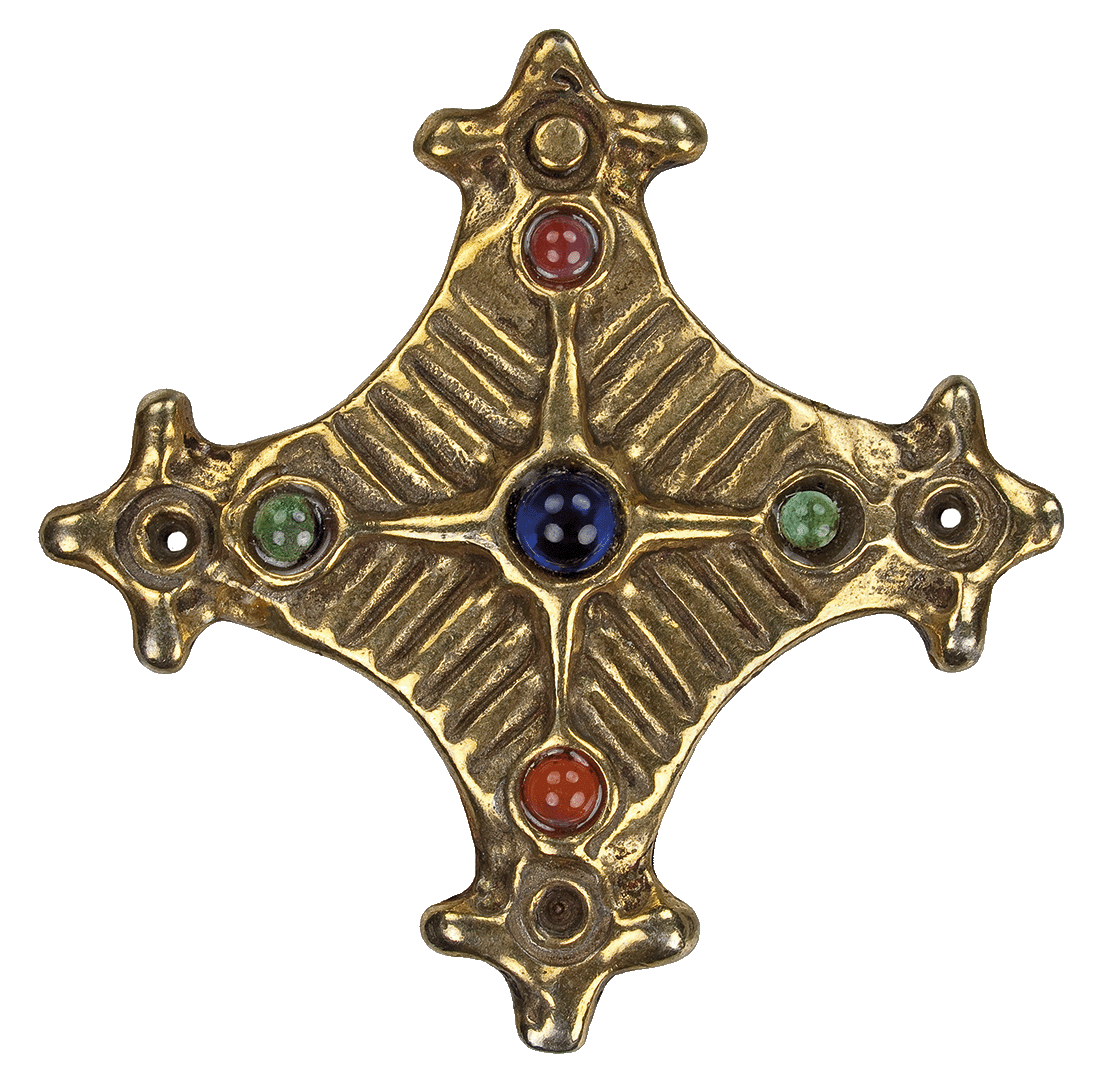 Replik einer goldenen Gewandspange in Kreuzform mit Perlen verziert