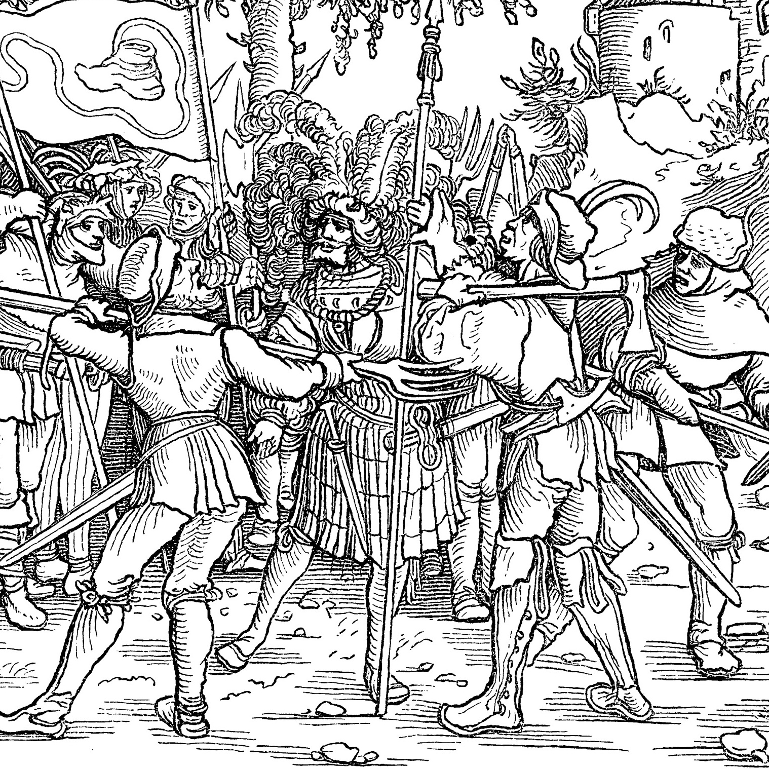 Ermordung eines Ritters durch aufrührerische Bauern. Holzschnitt von Hans Schäufelin.