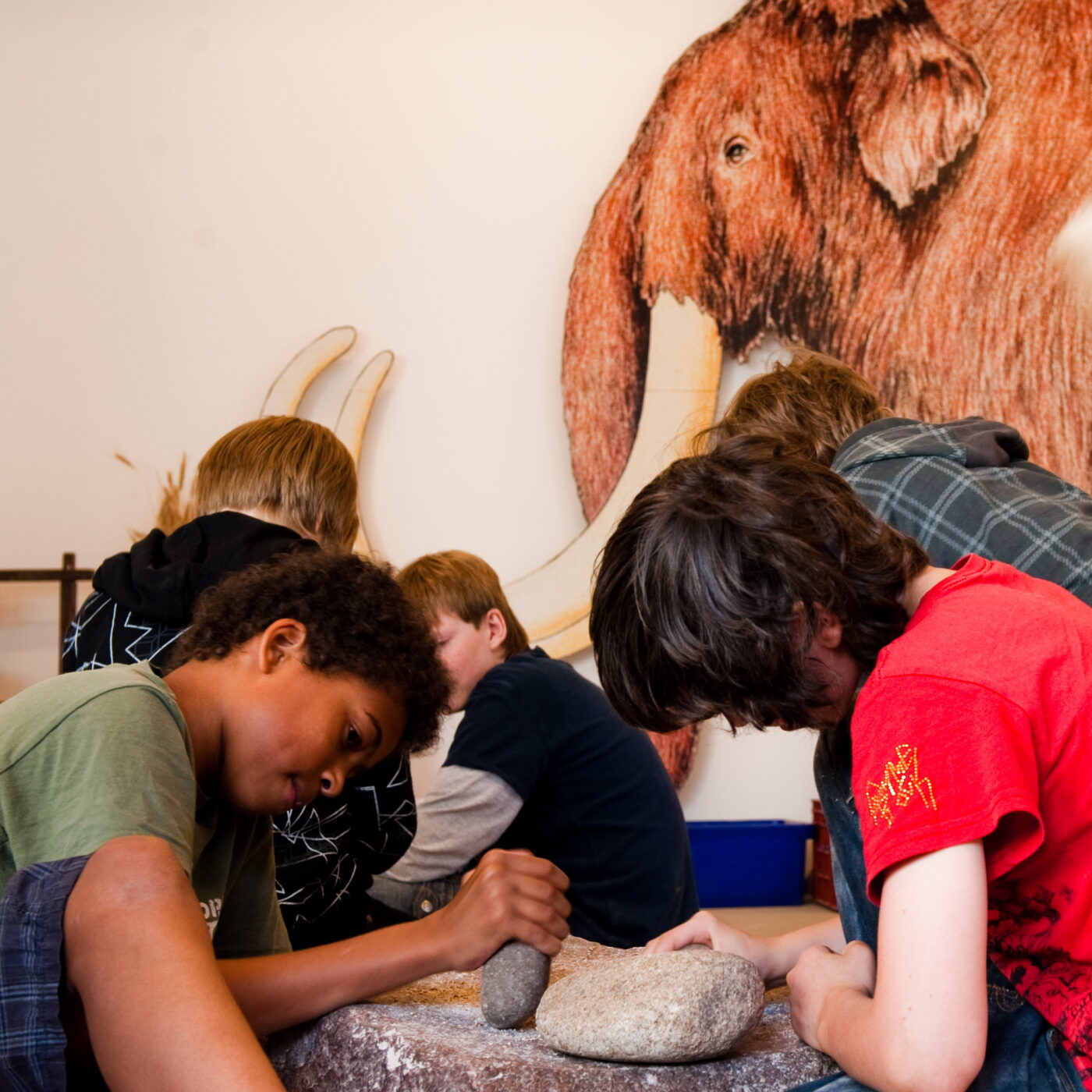 Kinder entdecken archäologische Funde in der Ausstellung.