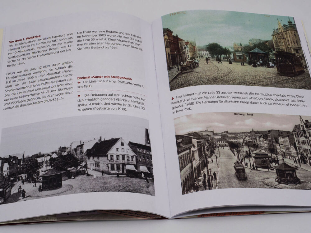 Reich bebilderte Vorstellung der Straßenbahnen am Sand vor dem 1. Weltkrieg in der Broschüre Straßenbahnen und O-Busse in Harburg