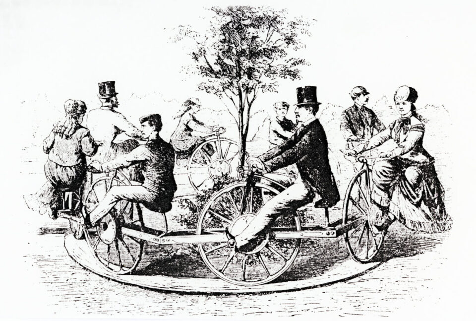 Zeichnung eines Vélociped-Karussells - eine Konstruktion mit einer Art im Kreis miteinander verbundener Einrädern