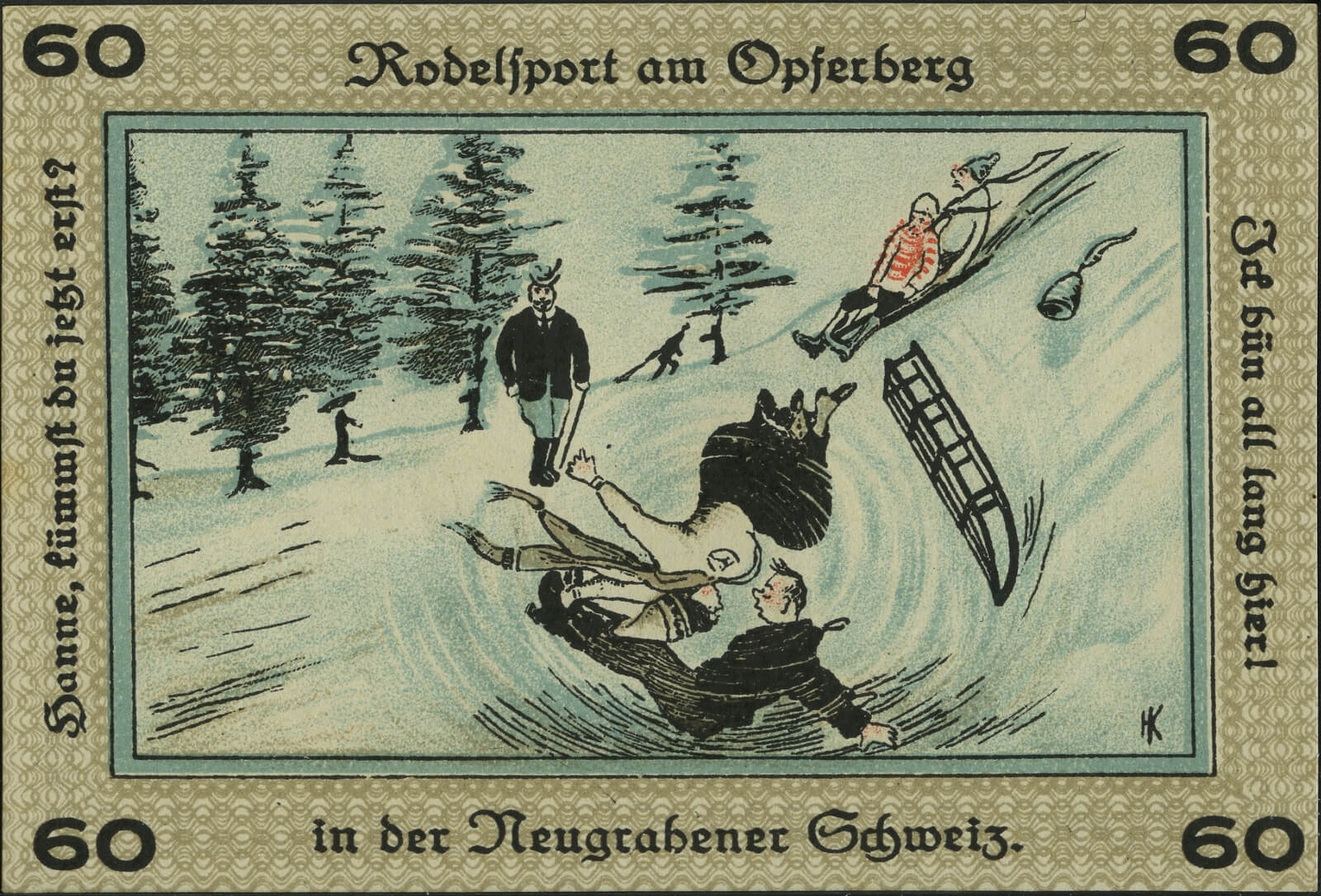 Zeichnung auf der Rückseite des Notgeldes von 1921: Rodler befahren eine Schneebedeckte Piste, zwei stützen übereinander